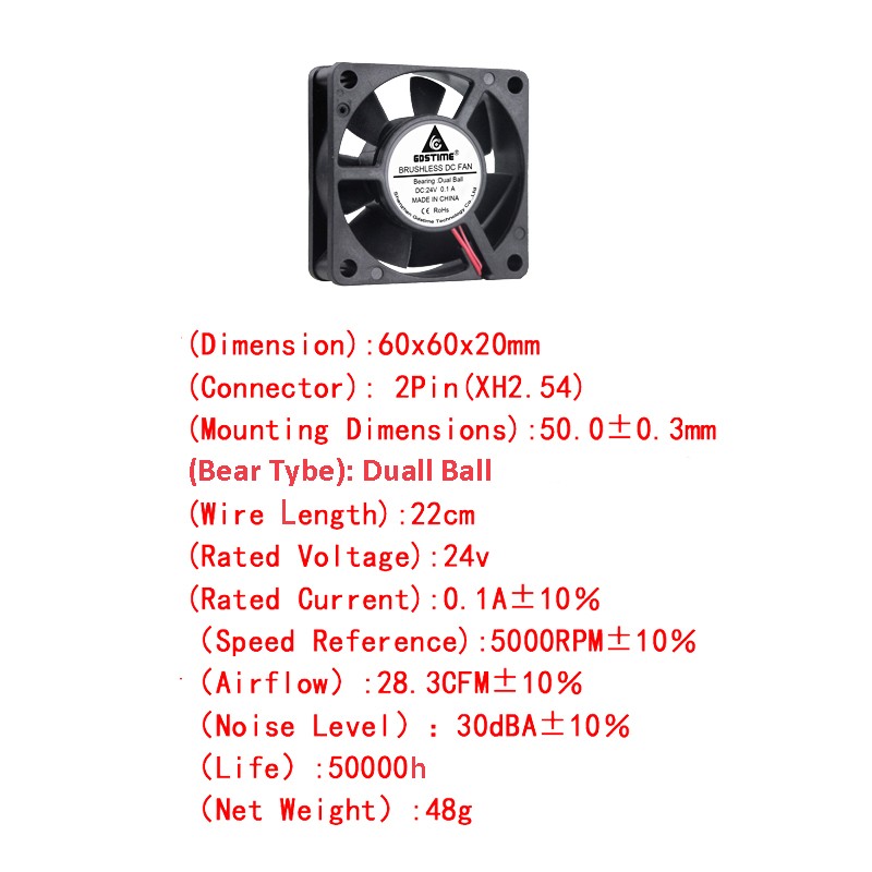 Вентилятор GDStime 60x60x20мм 24V на подшипниках