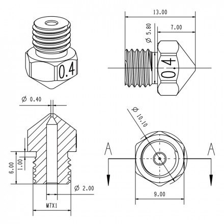 Сопло 0,4мм для хотэнда MK10 (отв 2мм)
